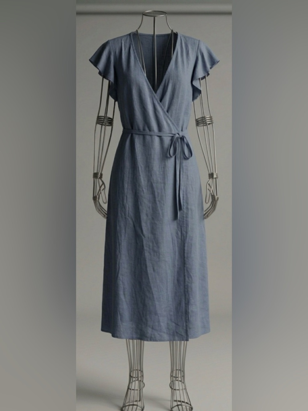 cloth & stone Dusty Blue Wrap Midi Dress with Tie Waist